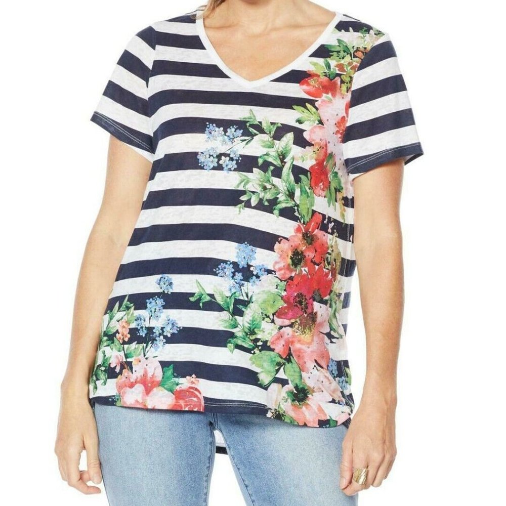 DG2 by Diane Gilman Burnout Printed and Embellished Top Navy Stripe